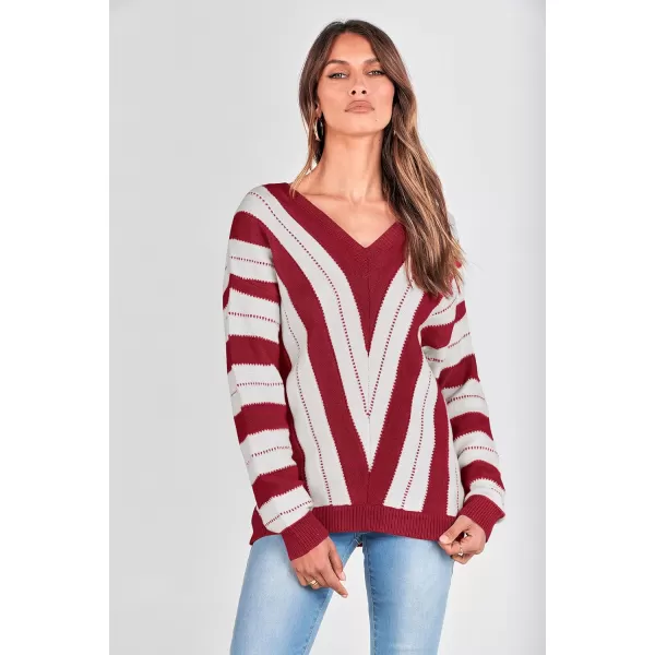 imagePRETTYGARDEN Womens Fashion Long Sleeve Striped Color Block Knitted Sweater Crew Neck Loose Pullover Jumper TopsStriped Red