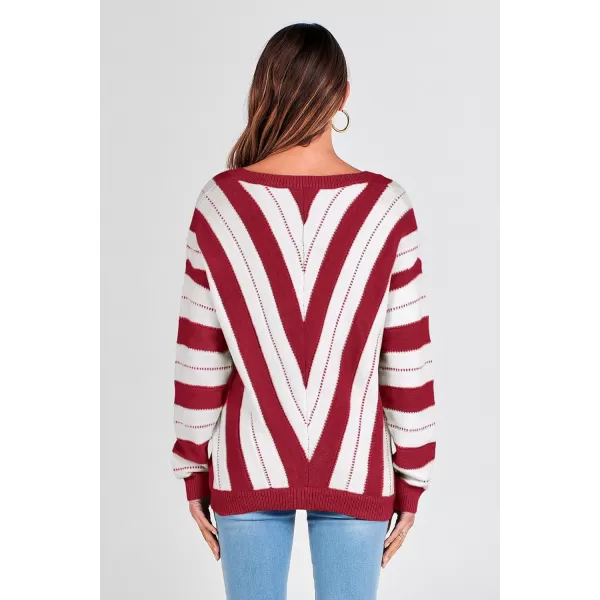 imagePRETTYGARDEN Womens Fashion Long Sleeve Striped Color Block Knitted Sweater Crew Neck Loose Pullover Jumper TopsStriped Red