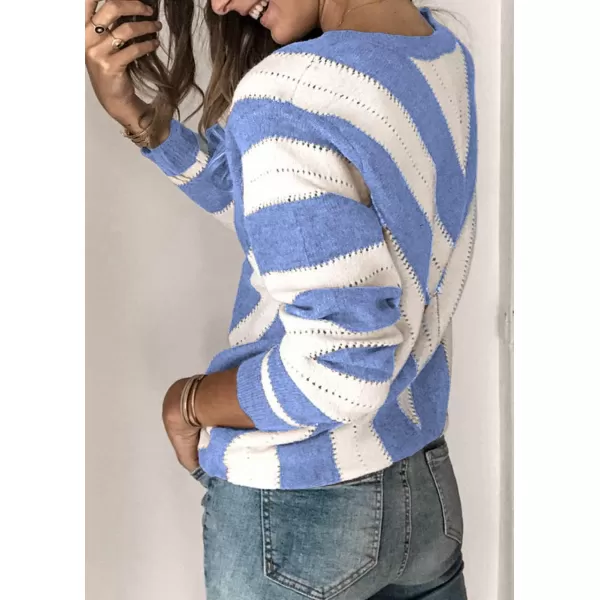 imagePRETTYGARDEN Womens Fashion Long Sleeve Striped Color Block Knitted Sweater Crew Neck Loose Pullover Jumper TopsStriped Sky Blue