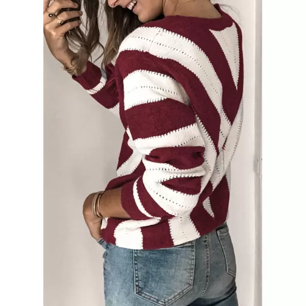 imagePRETTYGARDEN Womens Fashion Long Sleeve Striped Color Block Knitted Sweater Crew Neck Loose Pullover Jumper TopsStriped Wine Red