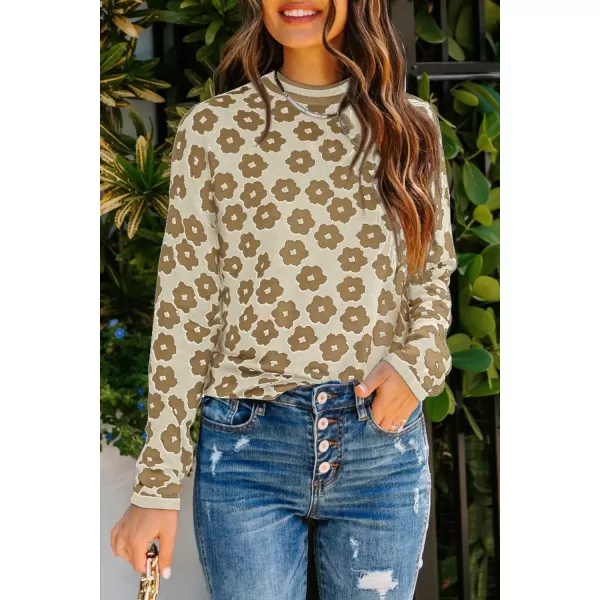 imagePRETTYGARDEN Womens Knit Sweater Casual Crewneck Long Sleeve Floral Print Lightweight Pullover SweatshirtApricot Brown Flower