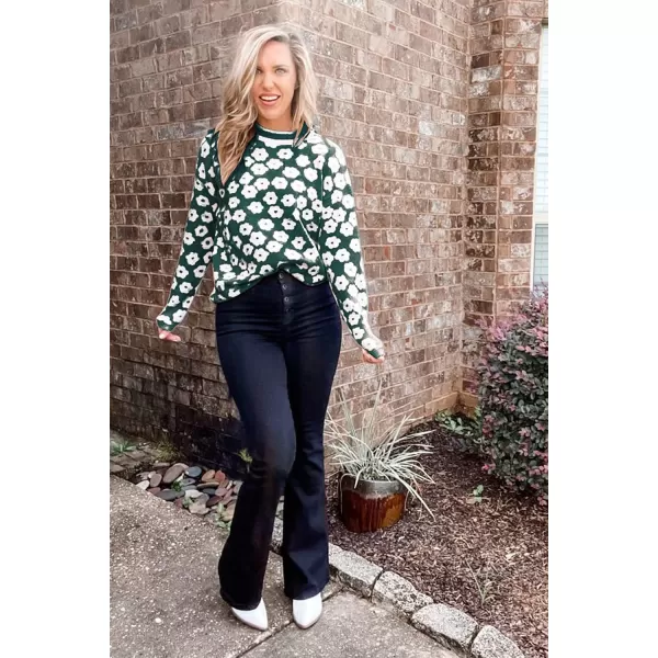 imagePRETTYGARDEN Womens Knit Sweater Casual Crewneck Long Sleeve Floral Print Lightweight Pullover SweatshirtArmy Green