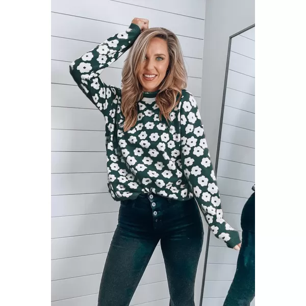 imagePRETTYGARDEN Womens Knit Sweater Casual Crewneck Long Sleeve Floral Print Lightweight Pullover SweatshirtArmy Green