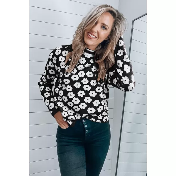 imagePRETTYGARDEN Womens Knit Sweater Casual Crewneck Long Sleeve Floral Print Lightweight Pullover SweatshirtBlack