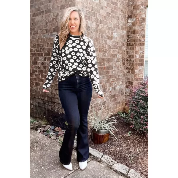imagePRETTYGARDEN Womens Knit Sweater Casual Crewneck Long Sleeve Floral Print Lightweight Pullover SweatshirtBlack