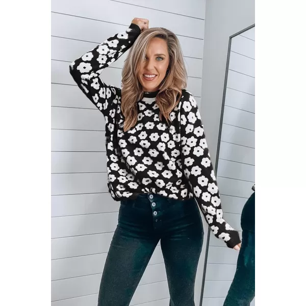 imagePRETTYGARDEN Womens Knit Sweater Casual Crewneck Long Sleeve Floral Print Lightweight Pullover SweatshirtBlack