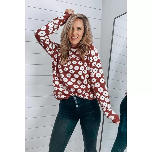 imagePRETTYGARDEN Womens Knit Sweater Casual Crewneck Long Sleeve Floral Print Lightweight Pullover SweatshirtBrown