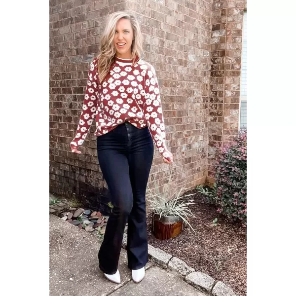 imagePRETTYGARDEN Womens Knit Sweater Casual Crewneck Long Sleeve Floral Print Lightweight Pullover SweatshirtBrown