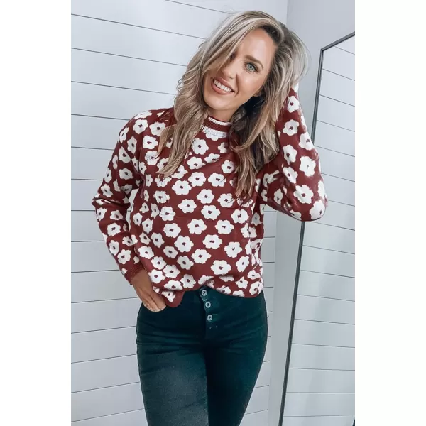 imagePRETTYGARDEN Womens Knit Sweater Casual Crewneck Long Sleeve Floral Print Lightweight Pullover SweatshirtBrown