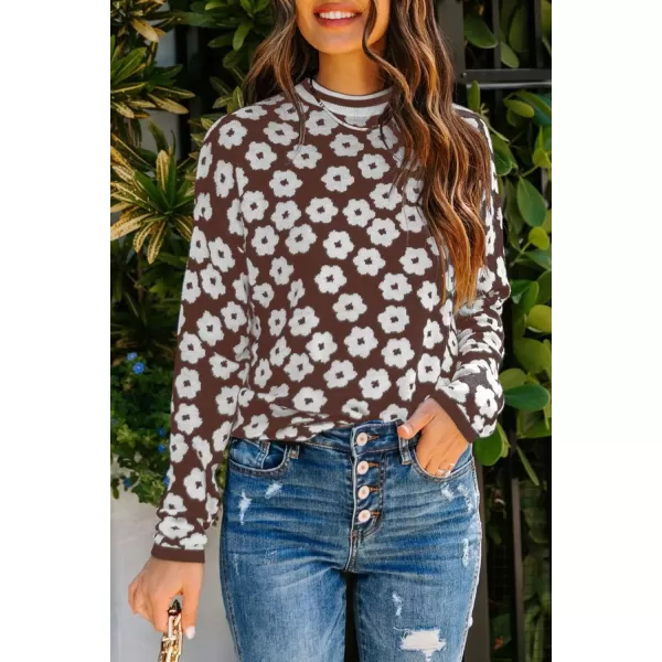 imagePRETTYGARDEN Womens Knit Sweater Casual Crewneck Long Sleeve Floral Print Lightweight Pullover SweatshirtCoffee