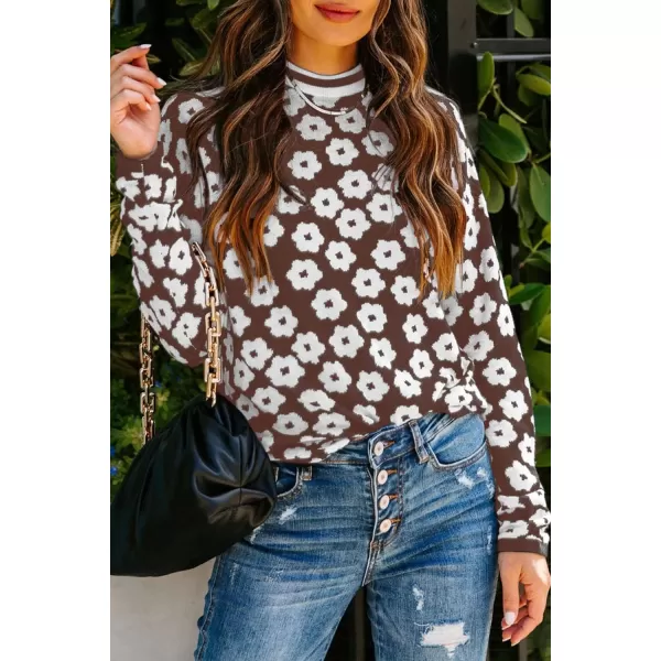 imagePRETTYGARDEN Womens Knit Sweater Casual Crewneck Long Sleeve Floral Print Lightweight Pullover SweatshirtCoffee