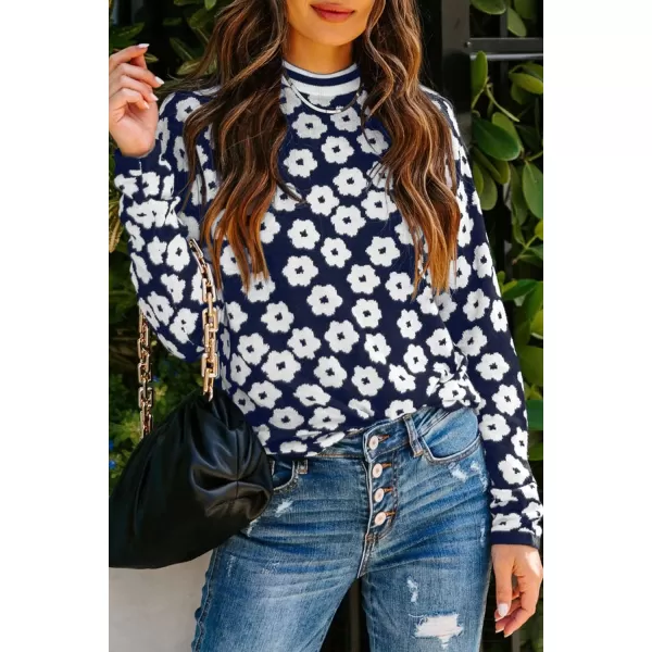 imagePRETTYGARDEN Womens Knit Sweater Casual Crewneck Long Sleeve Floral Print Lightweight Pullover SweatshirtNavy