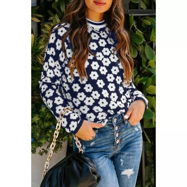 imagePRETTYGARDEN Womens Knit Sweater Casual Crewneck Long Sleeve Floral Print Lightweight Pullover SweatshirtNavy