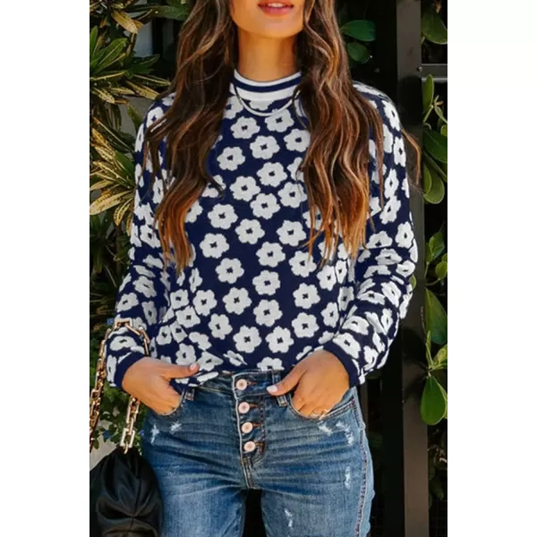 imagePRETTYGARDEN Womens Knit Sweater Casual Crewneck Long Sleeve Floral Print Lightweight Pullover SweatshirtNavy