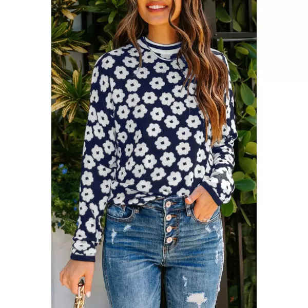 imagePRETTYGARDEN Womens Knit Sweater Casual Crewneck Long Sleeve Floral Print Lightweight Pullover SweatshirtNavy