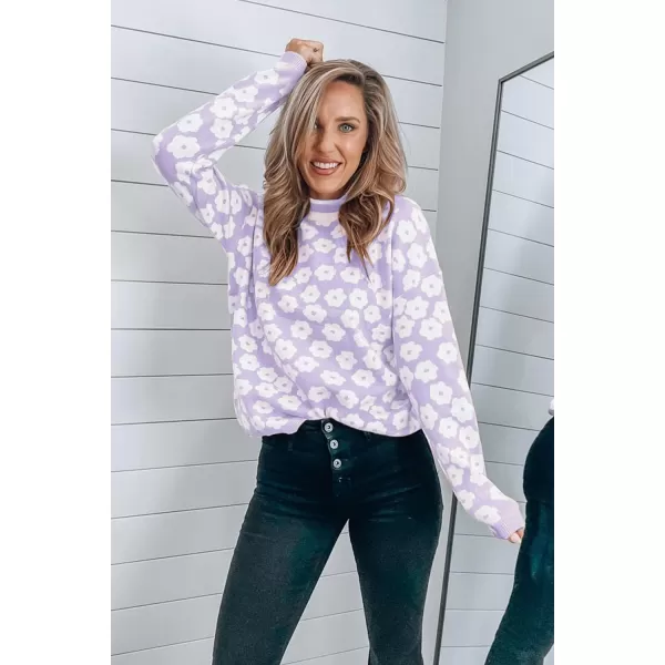 imagePRETTYGARDEN Womens Knit Sweater Casual Crewneck Long Sleeve Floral Print Lightweight Pullover SweatshirtPurple