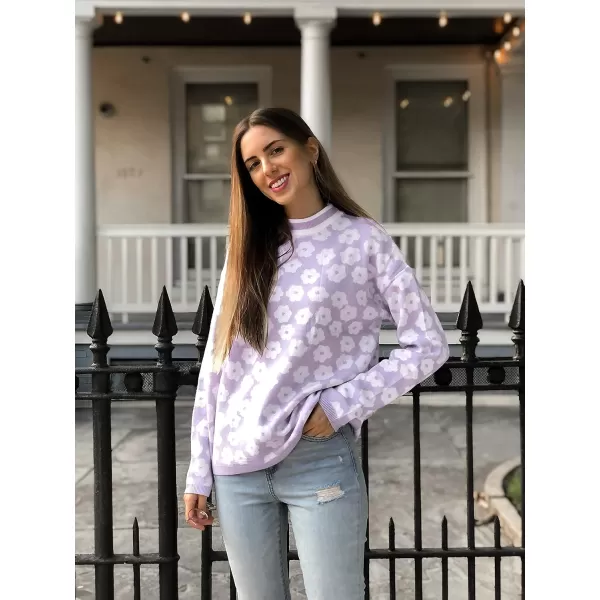 imagePRETTYGARDEN Womens Knit Sweater Casual Crewneck Long Sleeve Floral Print Lightweight Pullover SweatshirtPurple