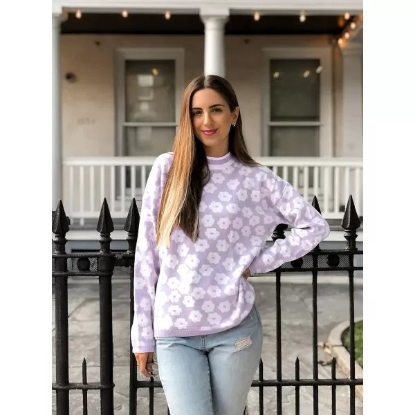 imagePRETTYGARDEN Womens Knit Sweater Casual Crewneck Long Sleeve Floral Print Lightweight Pullover SweatshirtPurple