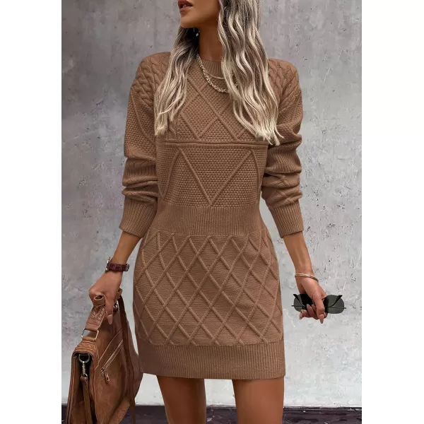 imagePRETTYGARDEN Womens Long Sleeve Short Sweater Dress Chunky Ribbed Knit Tunic Pullover Oversized Fall SweatersLight Camel