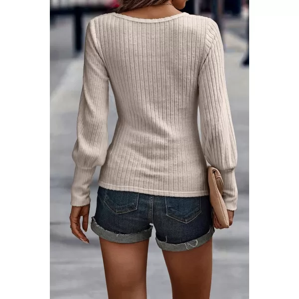 imagePRETTYGARDEN Womens Pullover Sweaters Long Lantern Sleeve Casual Crew Neck Ribbed Knit Jumper Blouse TopsApricot