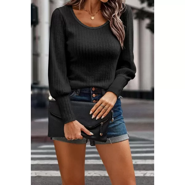 imagePRETTYGARDEN Womens Pullover Sweaters Long Lantern Sleeve Casual Crew Neck Ribbed Knit Jumper Blouse TopsBlack