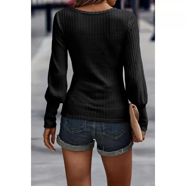 imagePRETTYGARDEN Womens Pullover Sweaters Long Lantern Sleeve Casual Crew Neck Ribbed Knit Jumper Blouse TopsBlack