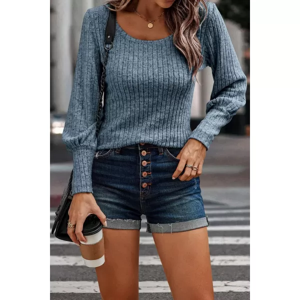 imagePRETTYGARDEN Womens Pullover Sweaters Long Lantern Sleeve Casual Crew Neck Ribbed Knit Jumper Blouse TopsBlue