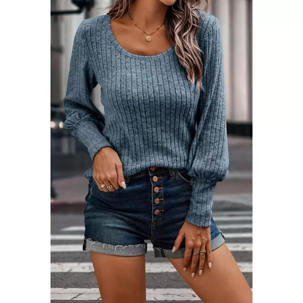 imagePRETTYGARDEN Womens Pullover Sweaters Long Lantern Sleeve Casual Crew Neck Ribbed Knit Jumper Blouse TopsBlue