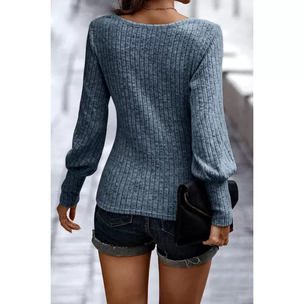 imagePRETTYGARDEN Womens Pullover Sweaters Long Lantern Sleeve Casual Crew Neck Ribbed Knit Jumper Blouse TopsBlue