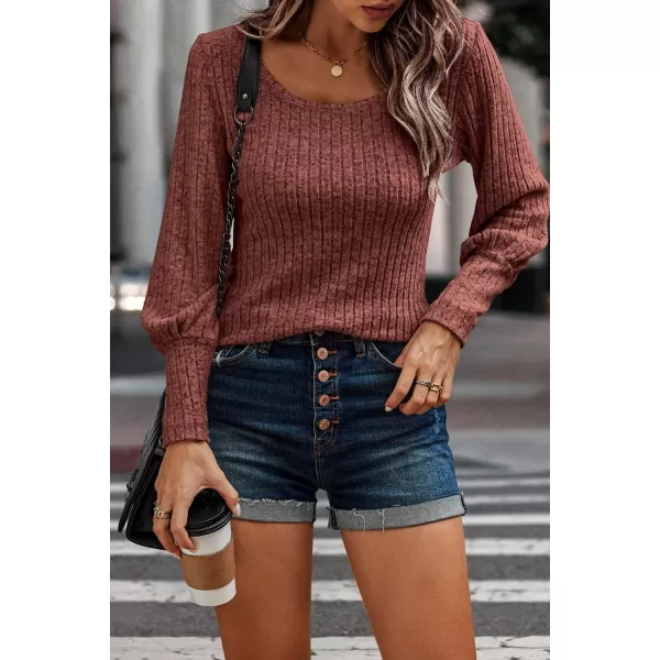imagePRETTYGARDEN Womens Pullover Sweaters Long Lantern Sleeve Casual Crew Neck Ribbed Knit Jumper Blouse TopsBrick Red