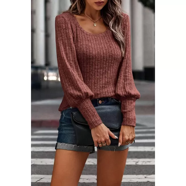 imagePRETTYGARDEN Womens Pullover Sweaters Long Lantern Sleeve Casual Crew Neck Ribbed Knit Jumper Blouse TopsBrick Red