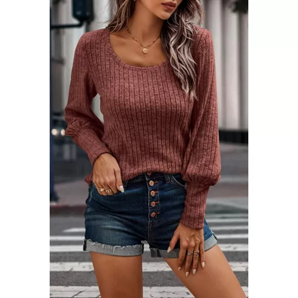 imagePRETTYGARDEN Womens Pullover Sweaters Long Lantern Sleeve Casual Crew Neck Ribbed Knit Jumper Blouse TopsBrick Red