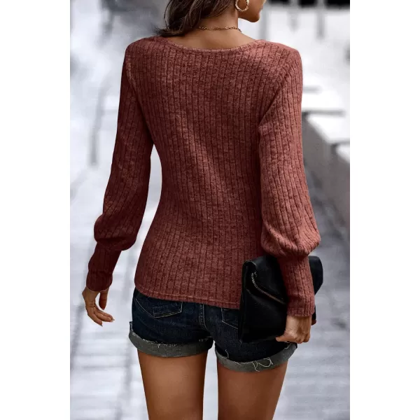 imagePRETTYGARDEN Womens Pullover Sweaters Long Lantern Sleeve Casual Crew Neck Ribbed Knit Jumper Blouse TopsBrick Red