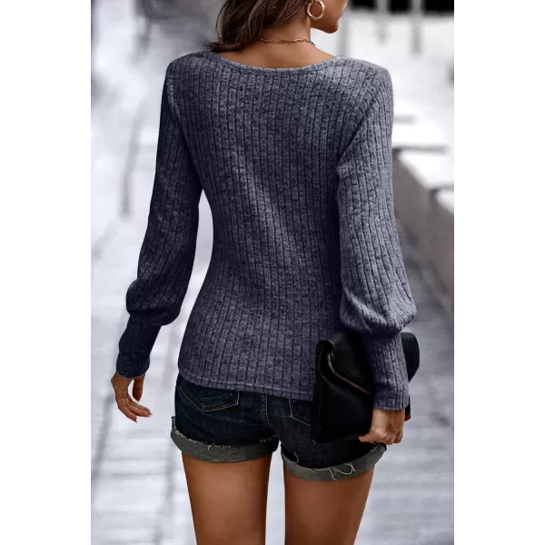 imagePRETTYGARDEN Womens Pullover Sweaters Long Lantern Sleeve Casual Crew Neck Ribbed Knit Jumper Blouse TopsBright Blue