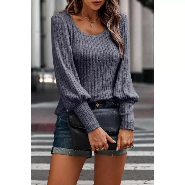 imagePRETTYGARDEN Womens Pullover Sweaters Long Lantern Sleeve Casual Crew Neck Ribbed Knit Jumper Blouse TopsBright Blue