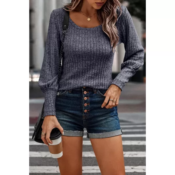 imagePRETTYGARDEN Womens Pullover Sweaters Long Lantern Sleeve Casual Crew Neck Ribbed Knit Jumper Blouse TopsBright Blue
