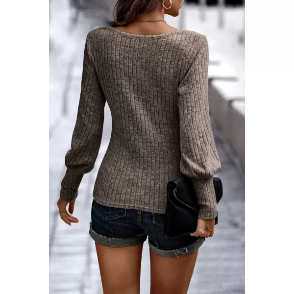 imagePRETTYGARDEN Womens Pullover Sweaters Long Lantern Sleeve Casual Crew Neck Ribbed Knit Jumper Blouse TopsBrown