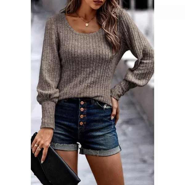 imagePRETTYGARDEN Womens Pullover Sweaters Long Lantern Sleeve Casual Crew Neck Ribbed Knit Jumper Blouse TopsBrown