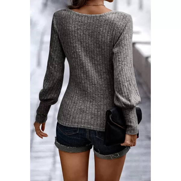 imagePRETTYGARDEN Womens Pullover Sweaters Long Lantern Sleeve Casual Crew Neck Ribbed Knit Jumper Blouse TopsDark Grey