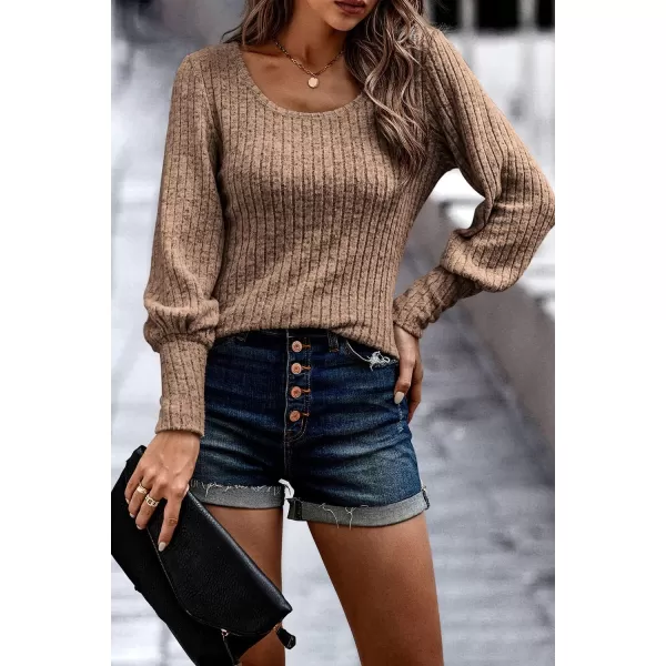 imagePRETTYGARDEN Womens Pullover Sweaters Long Lantern Sleeve Casual Crew Neck Ribbed Knit Jumper Blouse TopsKhaki