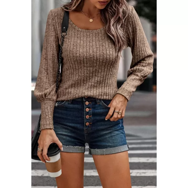 imagePRETTYGARDEN Womens Pullover Sweaters Long Lantern Sleeve Casual Crew Neck Ribbed Knit Jumper Blouse TopsKhaki