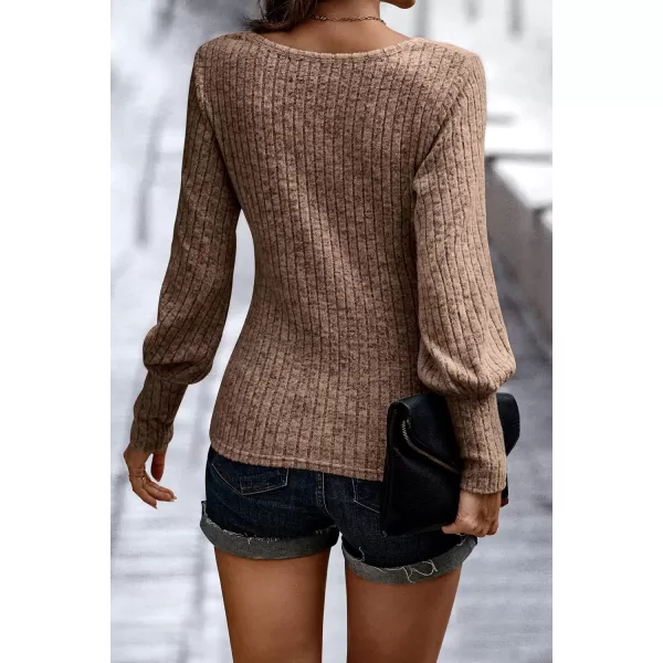 imagePRETTYGARDEN Womens Pullover Sweaters Long Lantern Sleeve Casual Crew Neck Ribbed Knit Jumper Blouse TopsKhaki
