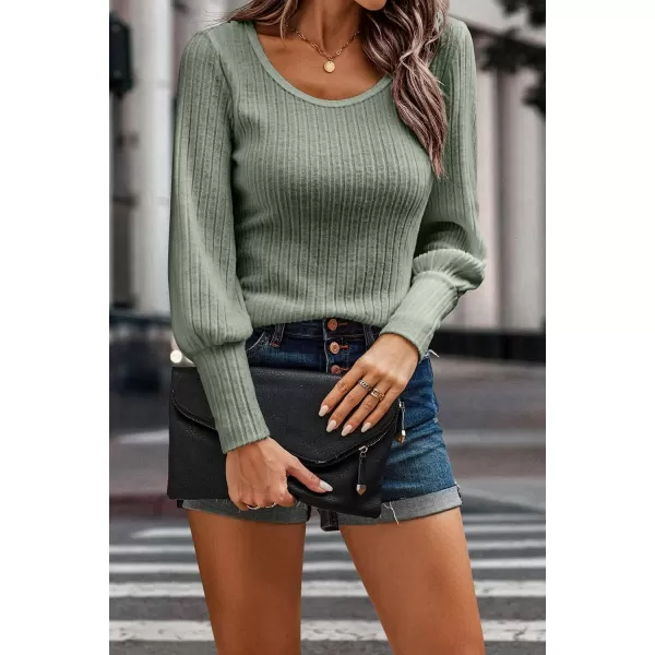 imagePRETTYGARDEN Womens Pullover Sweaters Long Lantern Sleeve Casual Crew Neck Ribbed Knit Jumper Blouse TopsLight Army Green