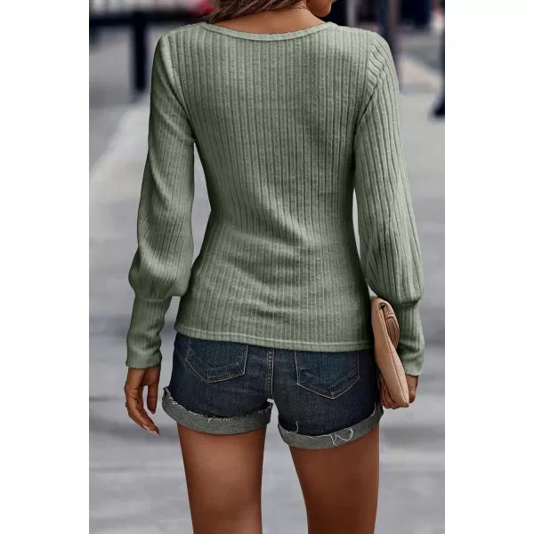 imagePRETTYGARDEN Womens Pullover Sweaters Long Lantern Sleeve Casual Crew Neck Ribbed Knit Jumper Blouse TopsLight Army Green