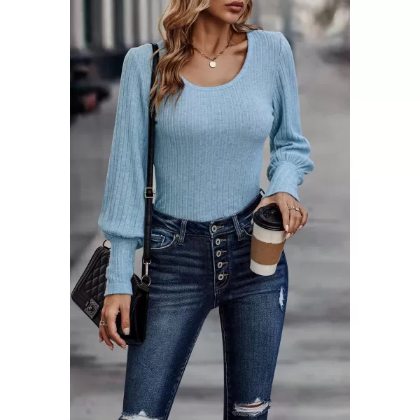 imagePRETTYGARDEN Womens Pullover Sweaters Long Lantern Sleeve Casual Crew Neck Ribbed Knit Jumper Blouse TopsLight Blue