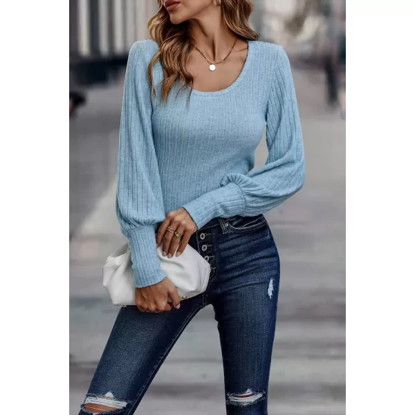 imagePRETTYGARDEN Womens Pullover Sweaters Long Lantern Sleeve Casual Crew Neck Ribbed Knit Jumper Blouse TopsLight Blue