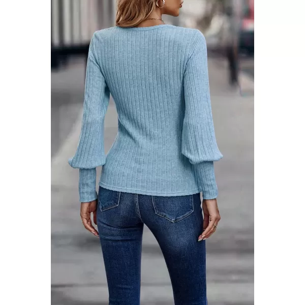 imagePRETTYGARDEN Womens Pullover Sweaters Long Lantern Sleeve Casual Crew Neck Ribbed Knit Jumper Blouse TopsLight Blue