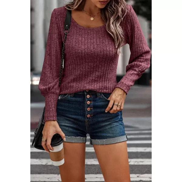 imagePRETTYGARDEN Womens Pullover Sweaters Long Lantern Sleeve Casual Crew Neck Ribbed Knit Jumper Blouse TopsWine Red