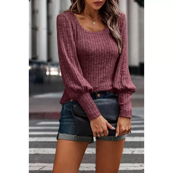 imagePRETTYGARDEN Womens Pullover Sweaters Long Lantern Sleeve Casual Crew Neck Ribbed Knit Jumper Blouse TopsWine Red