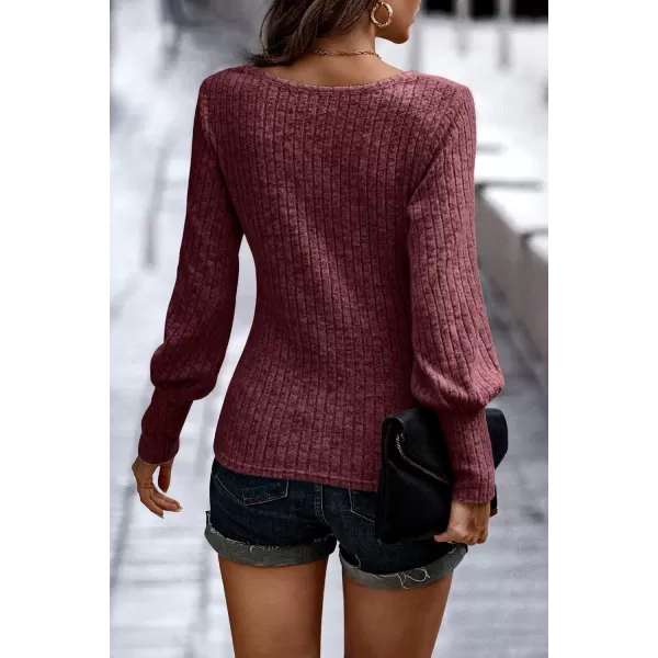 imagePRETTYGARDEN Womens Pullover Sweaters Long Lantern Sleeve Casual Crew Neck Ribbed Knit Jumper Blouse TopsWine Red